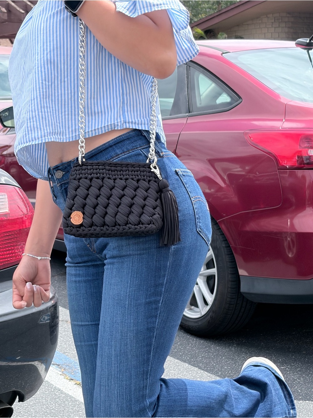 Woven Tassel Crossbody Bag - Black